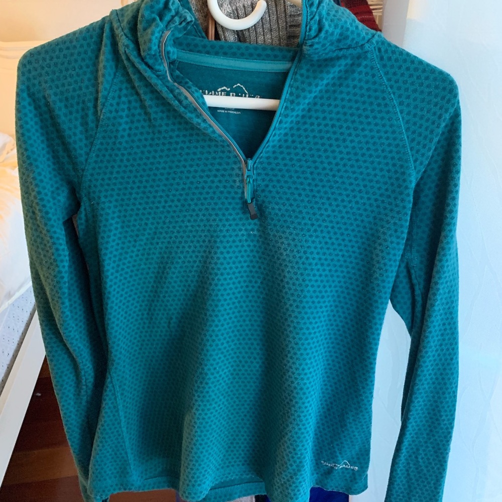 Eddie Bauer quarter zip, has thumb holes